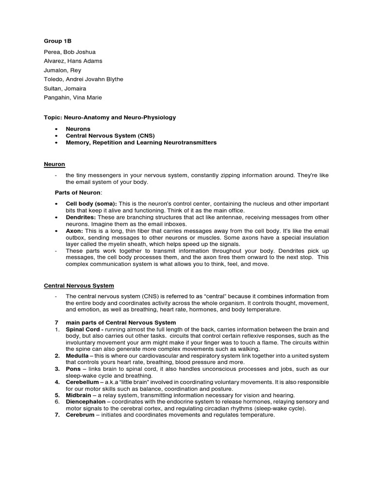 Group 1B Outline | PDF | Neurotransmitter | Neuron