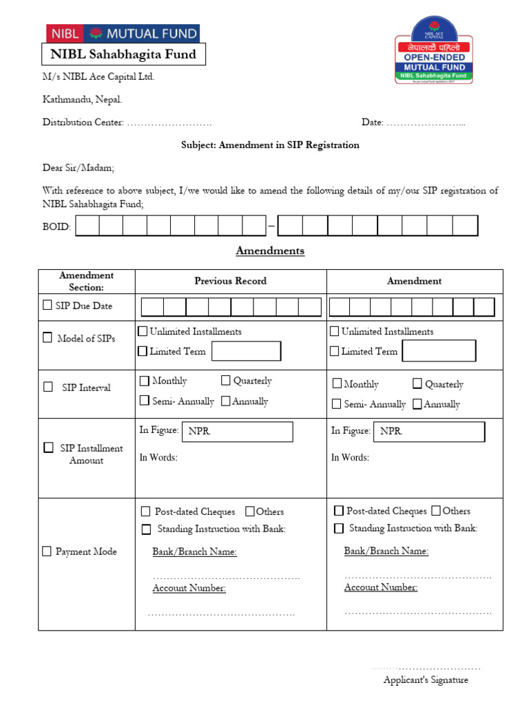 NIBL SIP Registration Amendment Form | PDF | Finance & Money Management