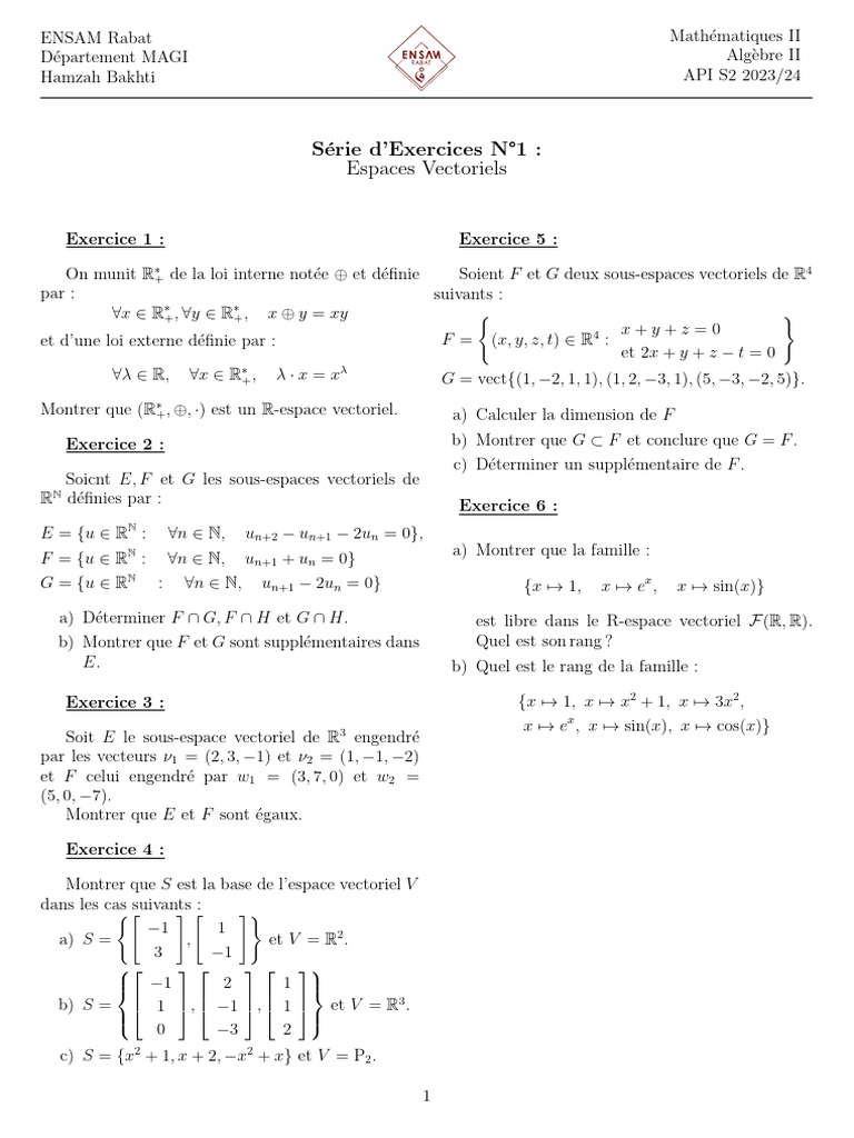 Exercices sur les Espaces Vectoriels | PDF | Espace vectoriel | Théorie ...