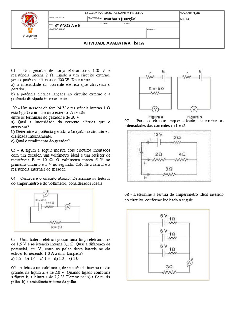 Exercícios sobre Geradores Elétricos | PDF | Resistência elétrica e ...