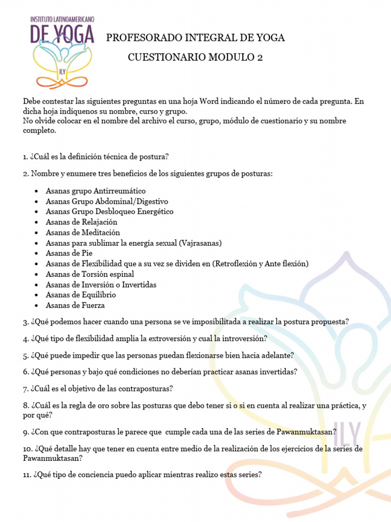 Cuestionario sobre Posturas de Yoga | PDF