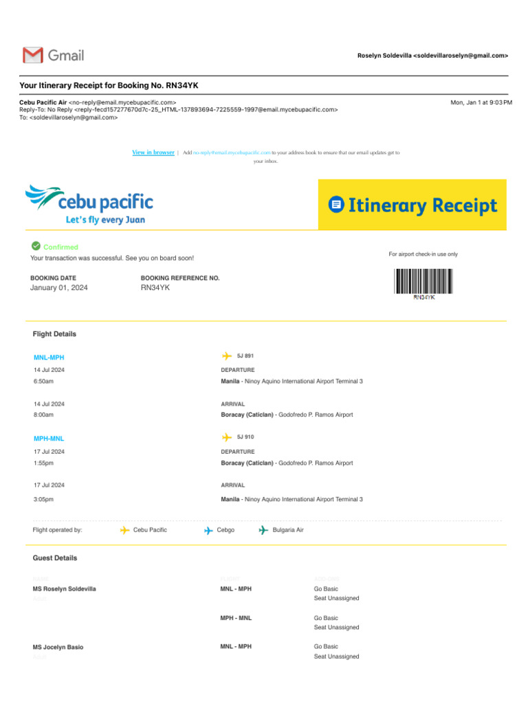 Your Itinerary Receipt For Booking No. RN34YK | PDF | Fee