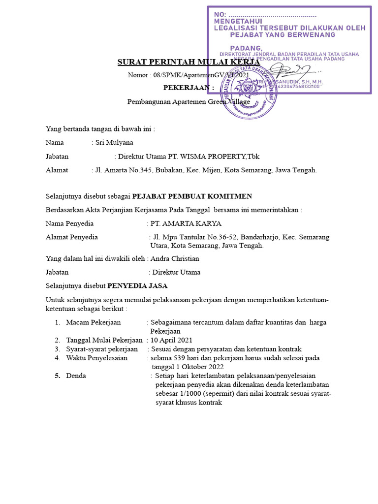 Surat Perintah Mulai Kerja Apartemen GV | PDF | Bisnis | Hukum