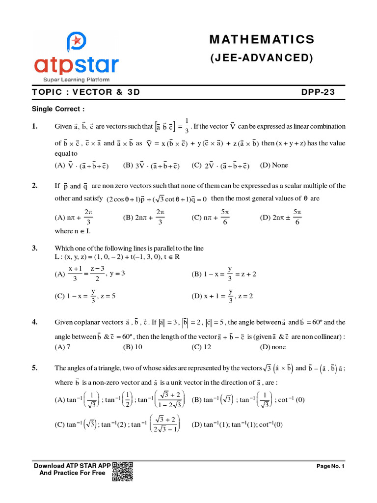 JEE Advanced Vector & 3D Mathematics DPP | PDF | Vector Space | Algebra