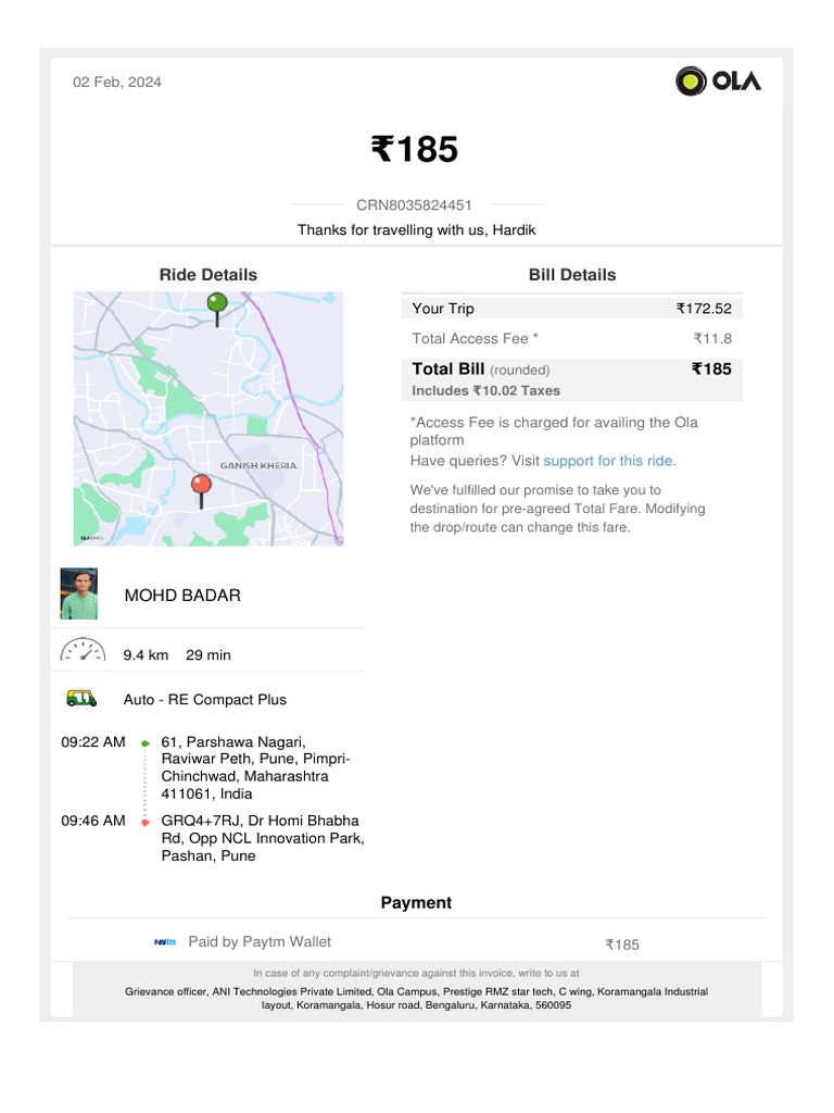 Ola Auto Invoice for Pune Ride | PDF | Invoice | Payments