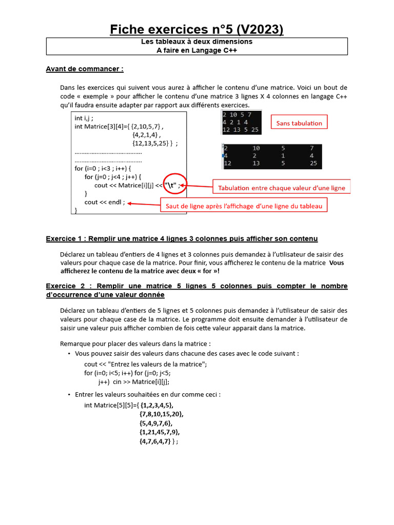 Exercices C++ sur les Matrices 2D | PDF | Matrice (Mathématiques) | C