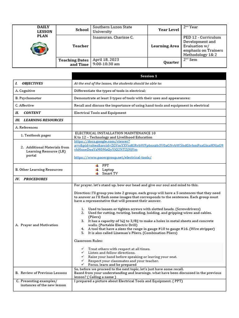 Electrical Tools and Equipment Lesson Plan | PDF | Screw | Wire