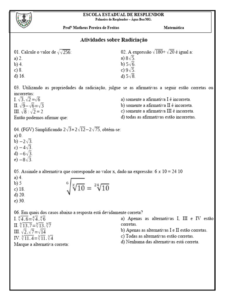 Atividades Sobre Radiciação - 9° Ano | PDF | Raiz quadrada | Matemática