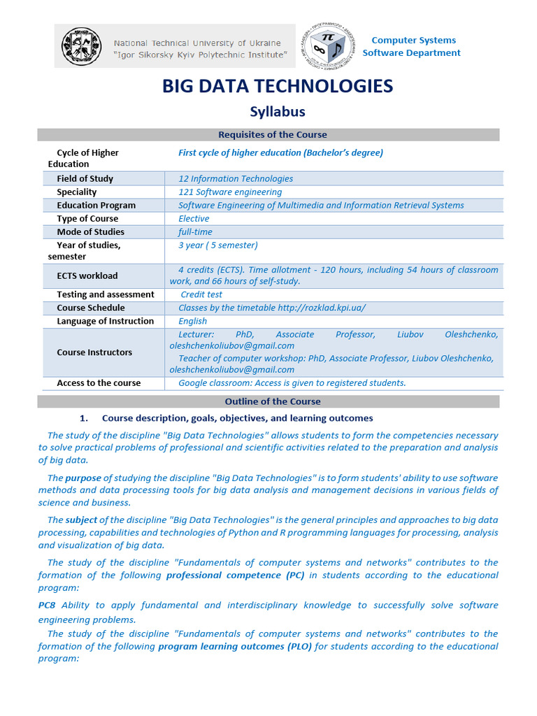 Syllabus BigData EN | PDF | Data Analysis | Big Data