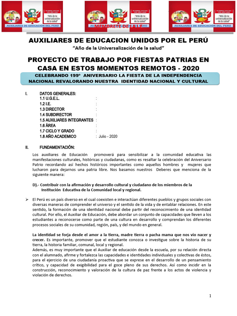 Plan De Trabajo Fiestas Patrias Oficial 2020 Auxiliares Del Peru Pdf