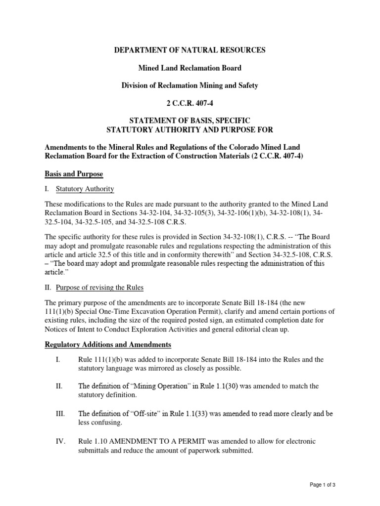Statement of Basis and Purpose For Construction Materials Rule-Making ...