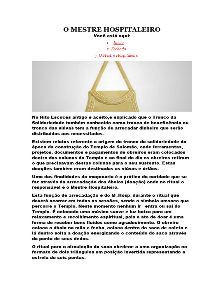 Funções do Mestre Hospitaleiro | PDF | Maçonaria | Loja Maçônica
