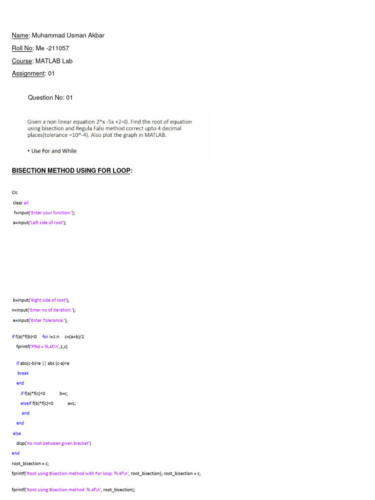 Bisection and Regula Falsi Methods in MATLAB | PDF | Theoretical ...