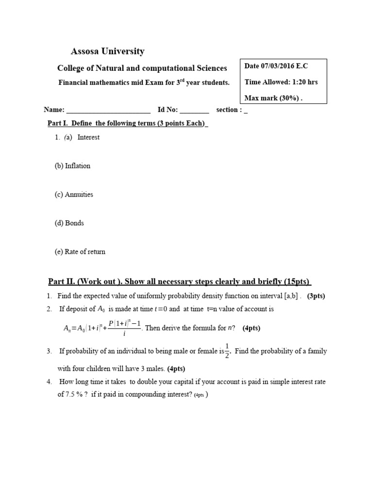 Financial Mathematics Mid Exam Guide | PDF