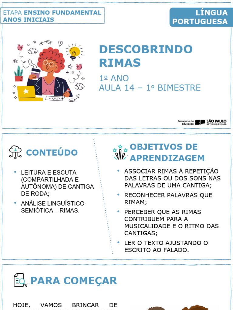 Descobrindo Rimas: 1 ANO AULA 14 - 1 Bimestre | PDF | Rima | Linguística