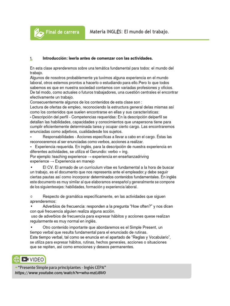 Presente Simple y Trabajo en Inglés | PDF | Plan de estudios | Lingüística