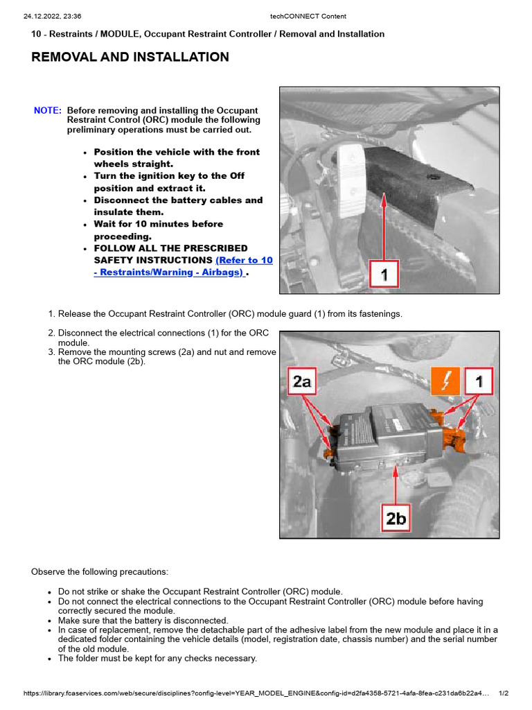 10 Restraints / MODULE, Occupant Restraint Controller / Removal and