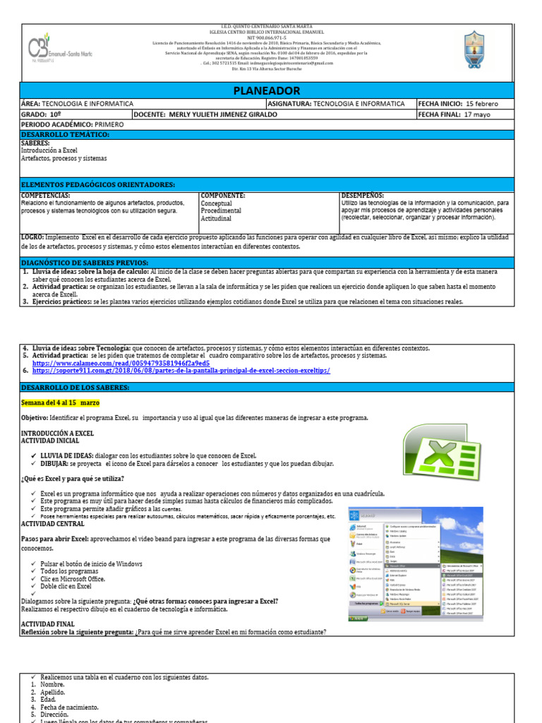 Planeacion Tec Inf 10° Merly Jimenez | PDF | Microsoft Excel