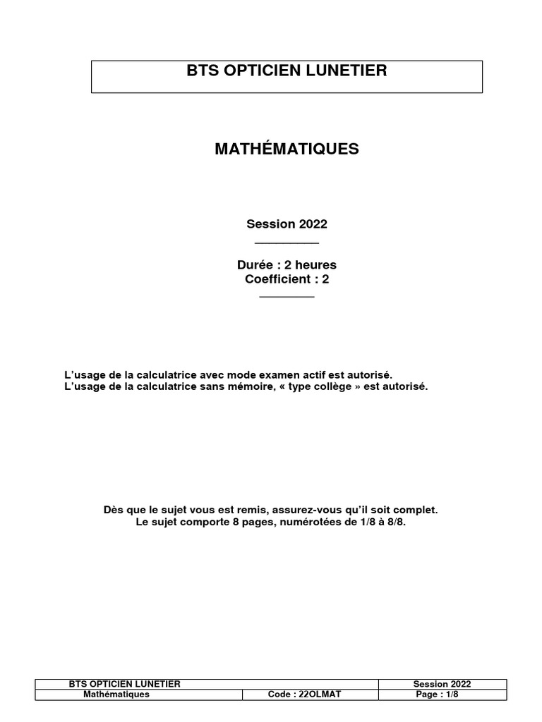 Maths BTS Opticien Lunetier 2022 | PDF | Fonction (Mathématiques ...