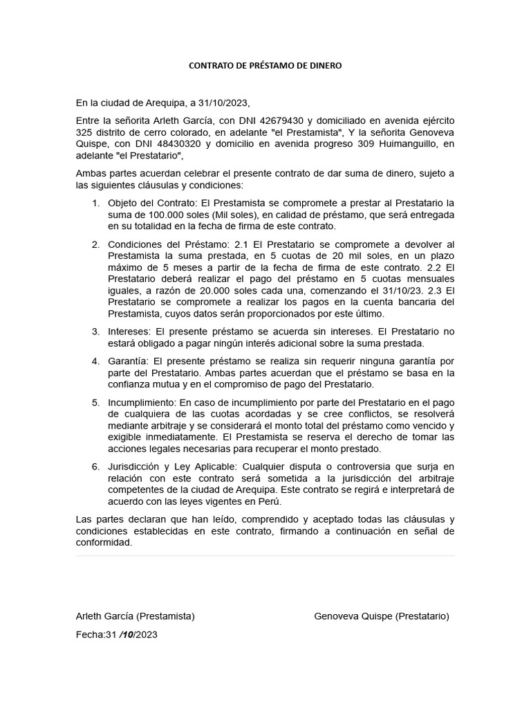 Contrato de Préstamo de Dinero | PDF | Derecho privado
