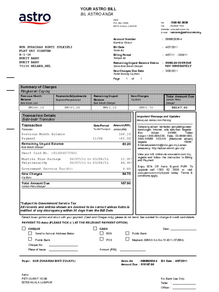 Summary Of Charges Ringkasan Caj Caj Your Astro Bill Bil Astro Anda Pdf
