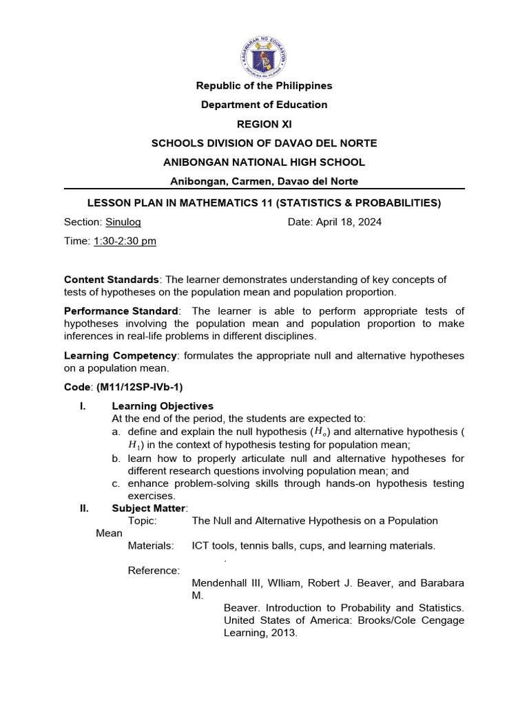 Lesson Plan: Hypothesis Testing in Statistics | PDF | Hypothesis | Null ...