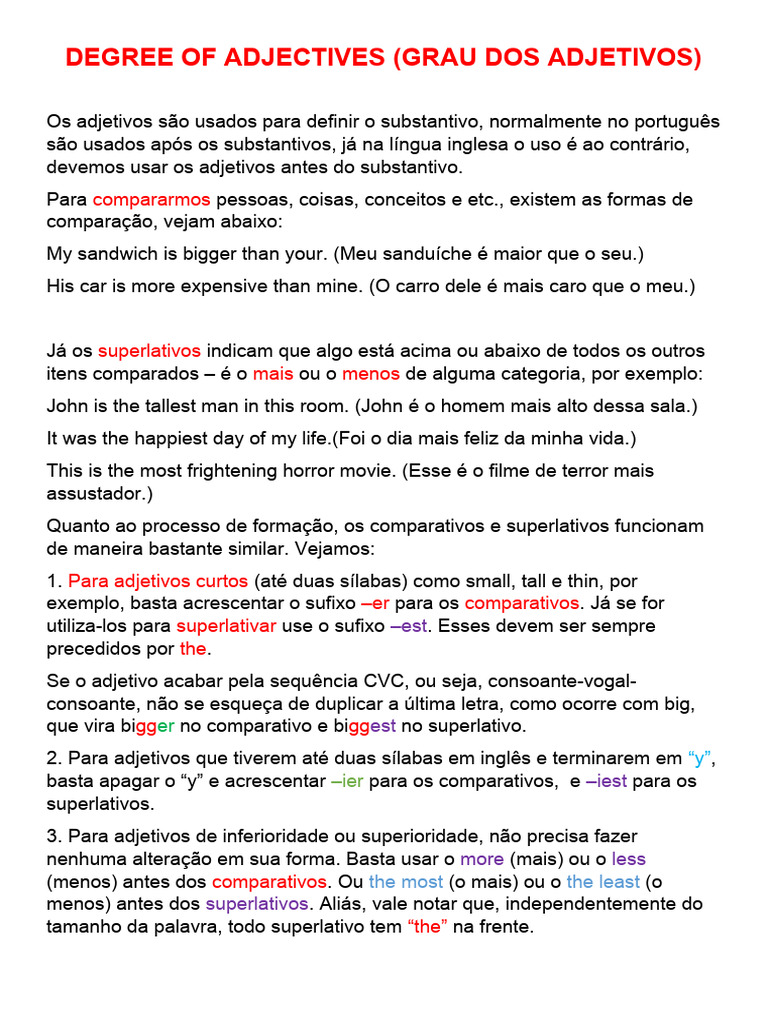 Graus dos Adjetivos em Inglês | PDF | Plural | Adjetivo
