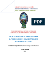 Plan Estratégico de Marketing para El Posicionamiento de La Empresa Saci de La Ciudad de La Paz