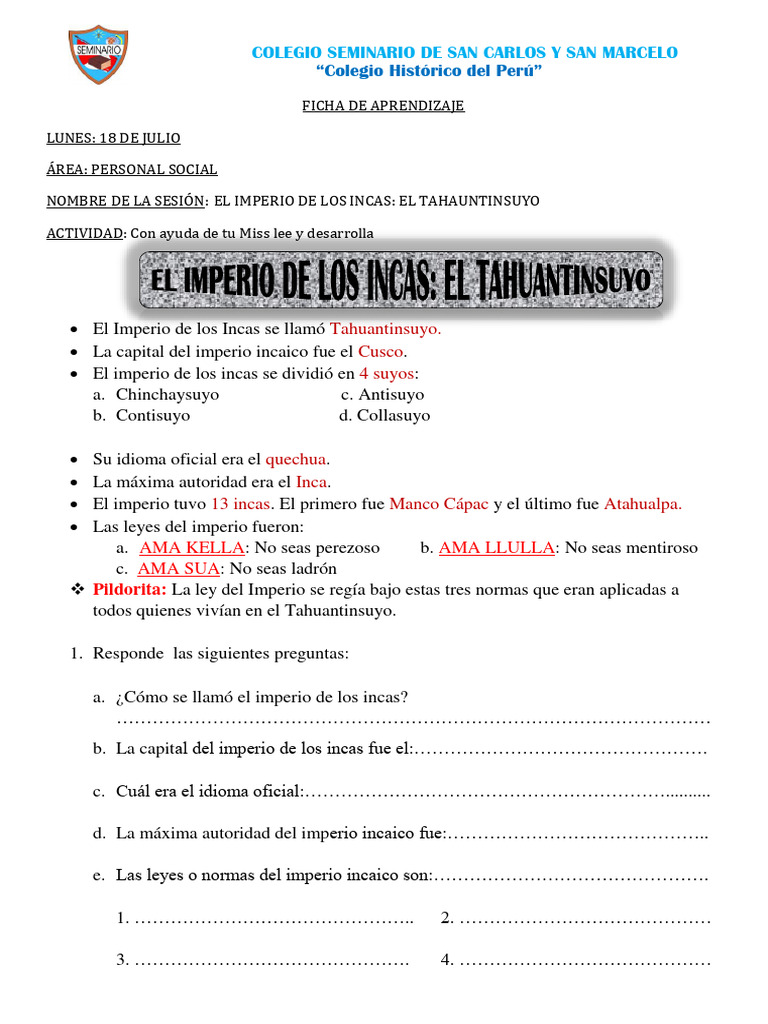 Ficha de Aprendizaje El Imperio de Los Incas El Tahauntinsuyo Lunes 18 ...