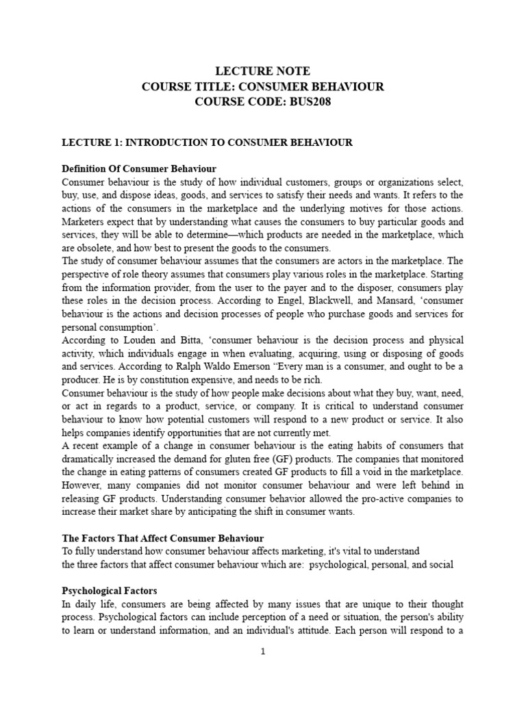 BUS208 CONSUMER BEHAVIOUR LECTURE NOTE | PDF | Marketing | Consumer ...