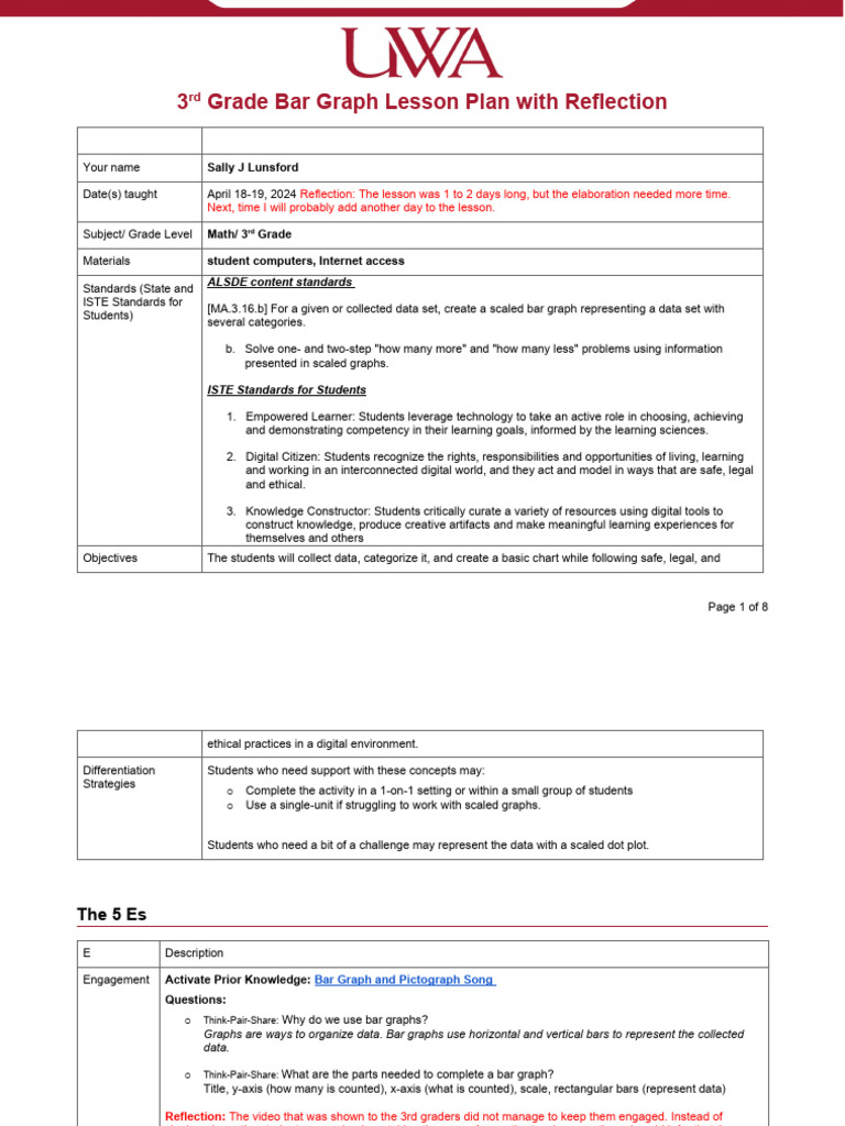 lunsford 3rd grade bar graph lesson plan with reflection | PDF | Rubric ...