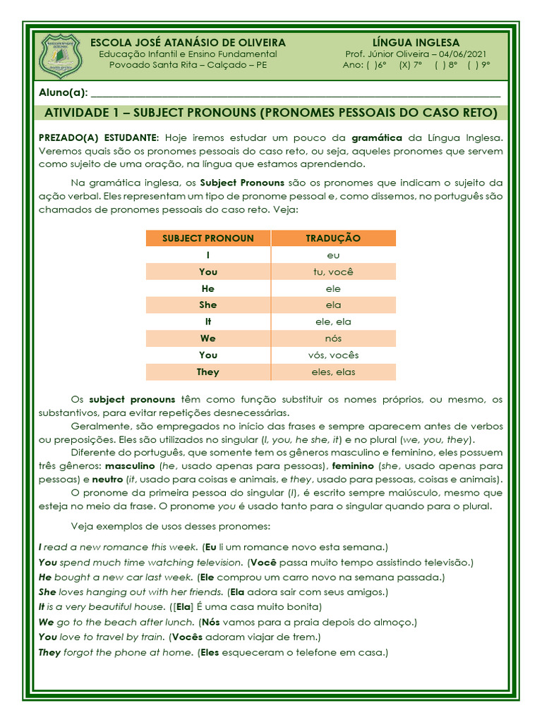 Pronomes e Matérias em Inglês para 7º Ano | PDF | Pronome | Assunto ...
