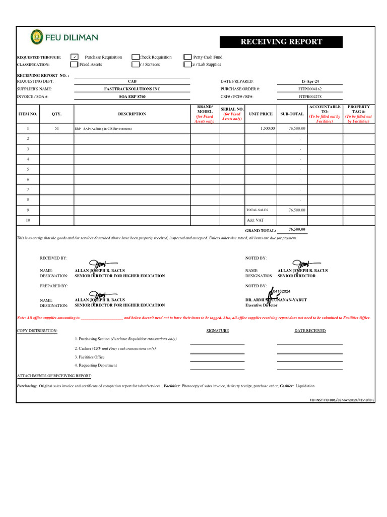 Fixed Assets Receiving Report Template | PDF | Receipt | Business