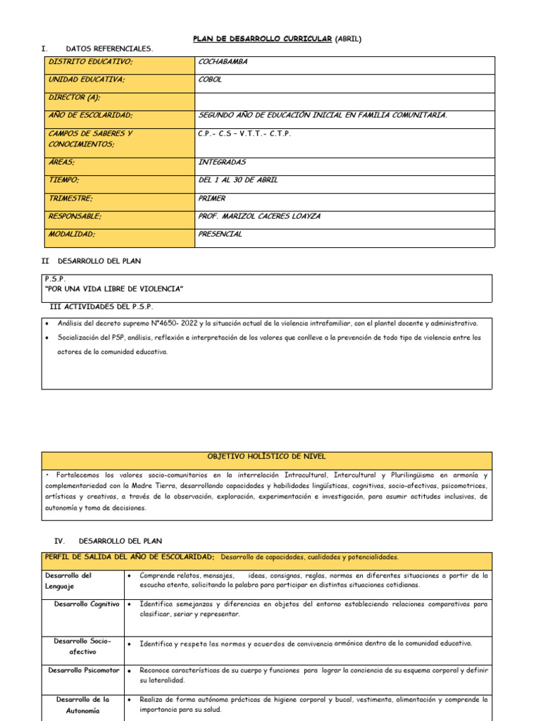 PLAN DE DESARROLLO CURRICULAR Abril COBOL | PDF | Higiene | Alimentos