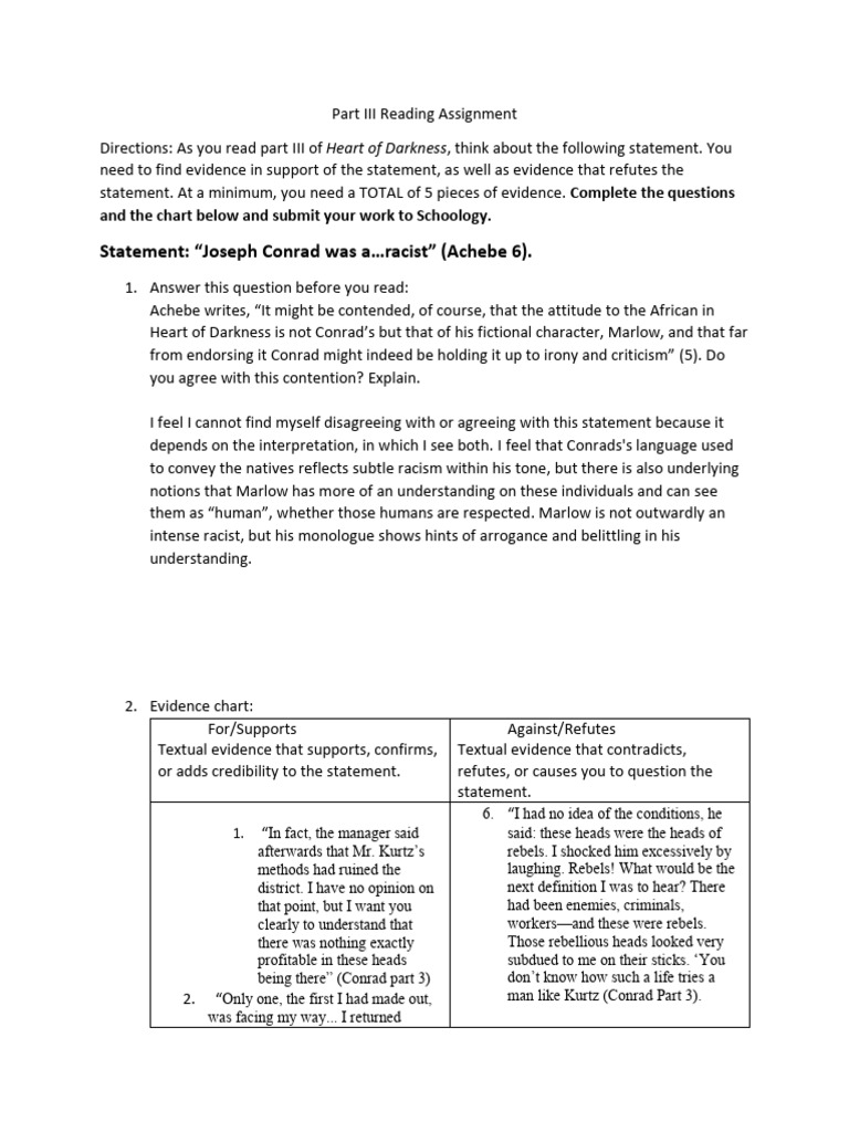 HoD Part III Reading Assignment | PDF | Heart Of Darkness