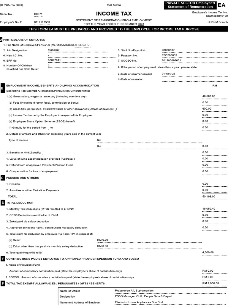 2023 EA Form for Malaysian Employees | PDF | Employee Benefits | Employment
