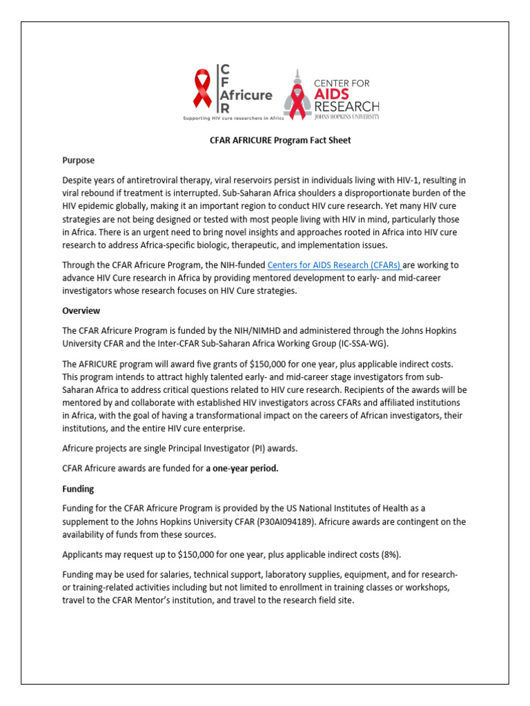 CFAR Africure Program Funding Overview | PDF | National Institutes Of ...