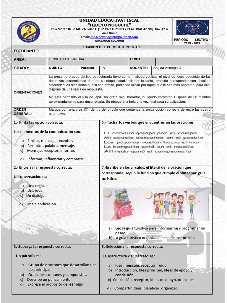 Examen de Lengua 5to Grado 2023-2024 | PDF