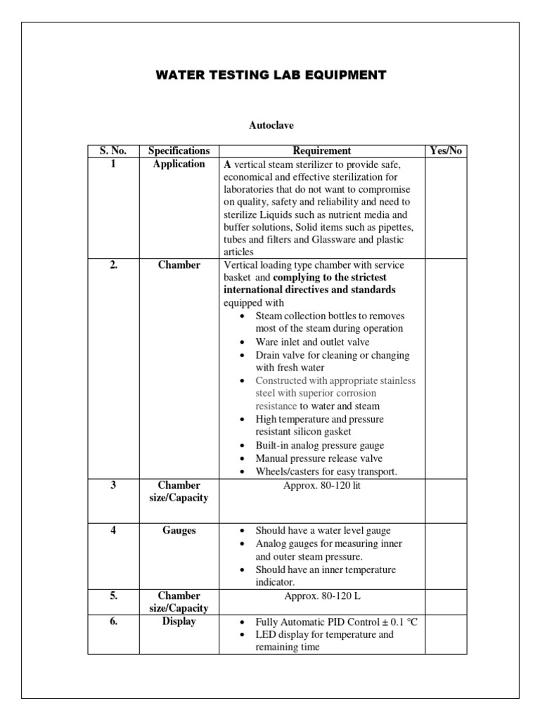 specs_water lab equipment | PDF | Weighing Scale | Duct (Flow)