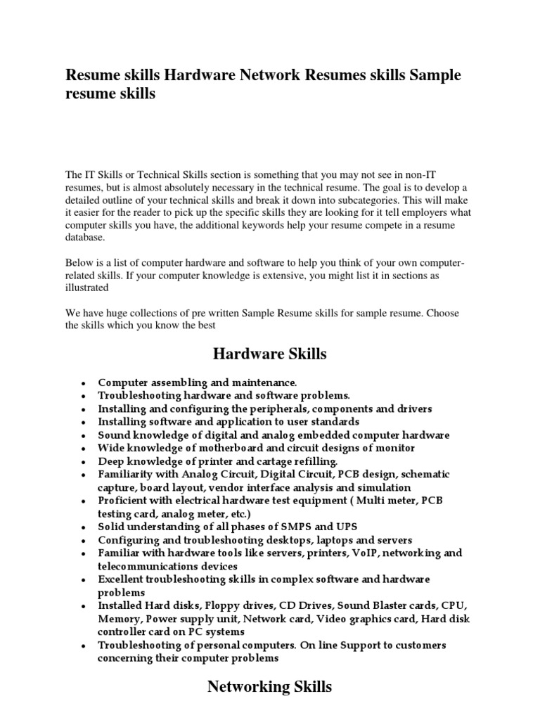 Resume Skills Hardware Network Resumes Skills Sample Resume Skills