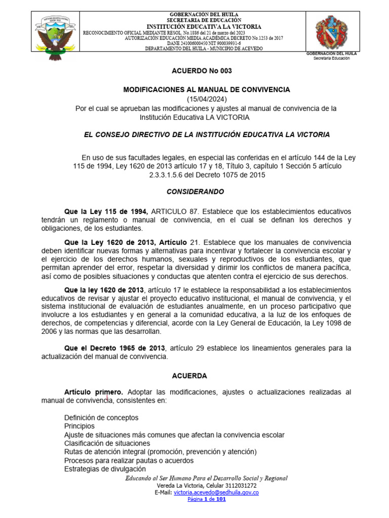 Manual de Convivencia Ajustado 2024 | PDF | Acoso cibernético | Agresión