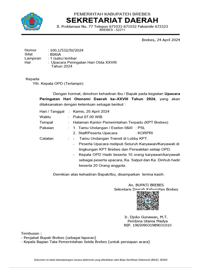 Upacara Hari Otda XXVIII Brebes 2024 | PDF