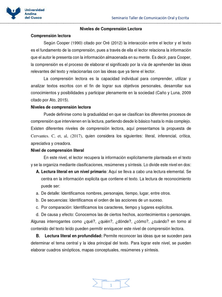Ficha Niveles de Comprensión Lectora | PDF | Comprensión lectora ...