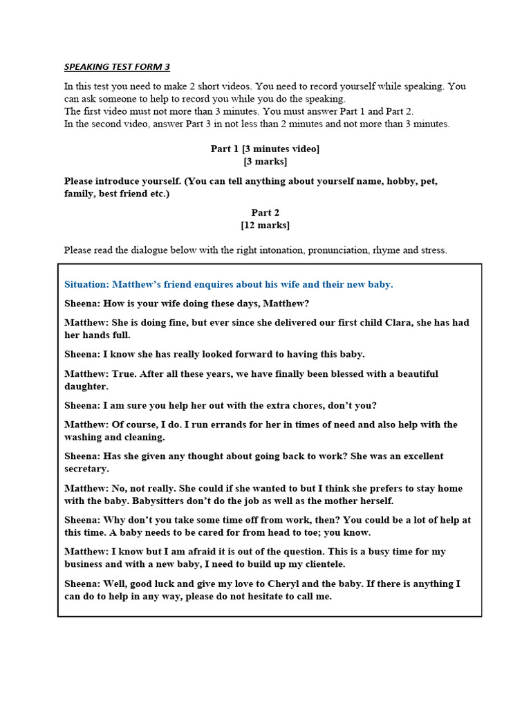 Form 3 Speaking Test Instructions | PDF