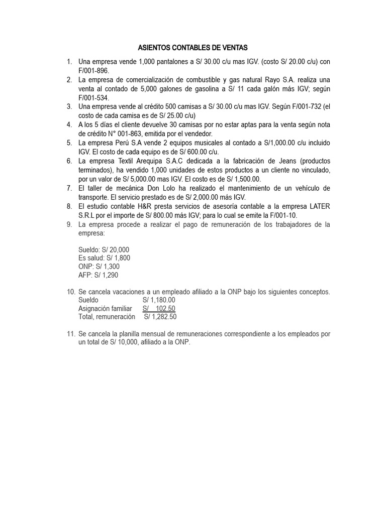 Asientos Contables de Ventas y Pllas | PDF