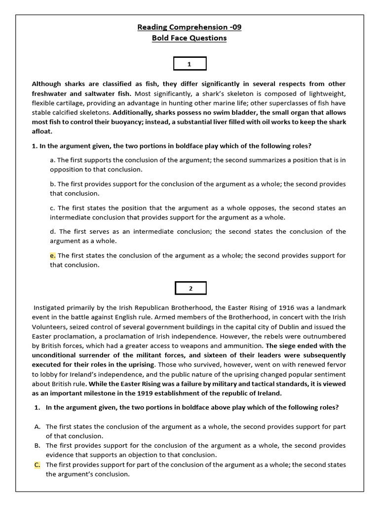 Bold Face Questions in Reading Comprehension | PDF | Prices ...