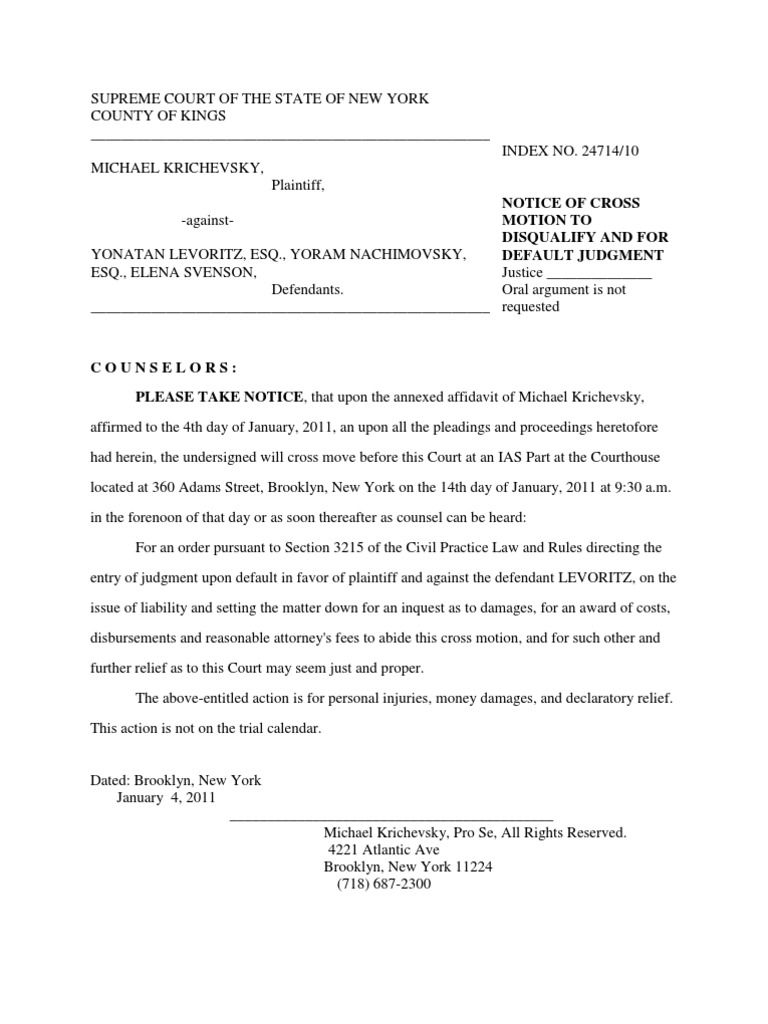 Cross Motion For Default Judgment & Disqualify | PDF | Pro Se Legal ...