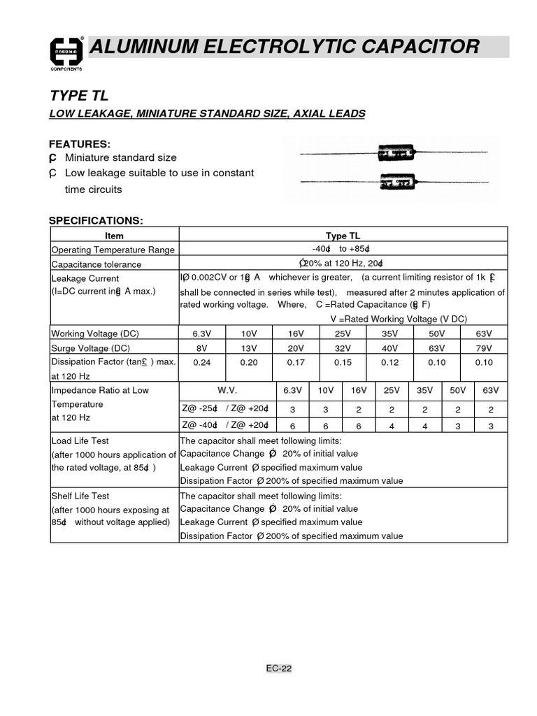 Low Leakage Aluminum Capacitor TL | PDF | Capacitor | Computer Engineering