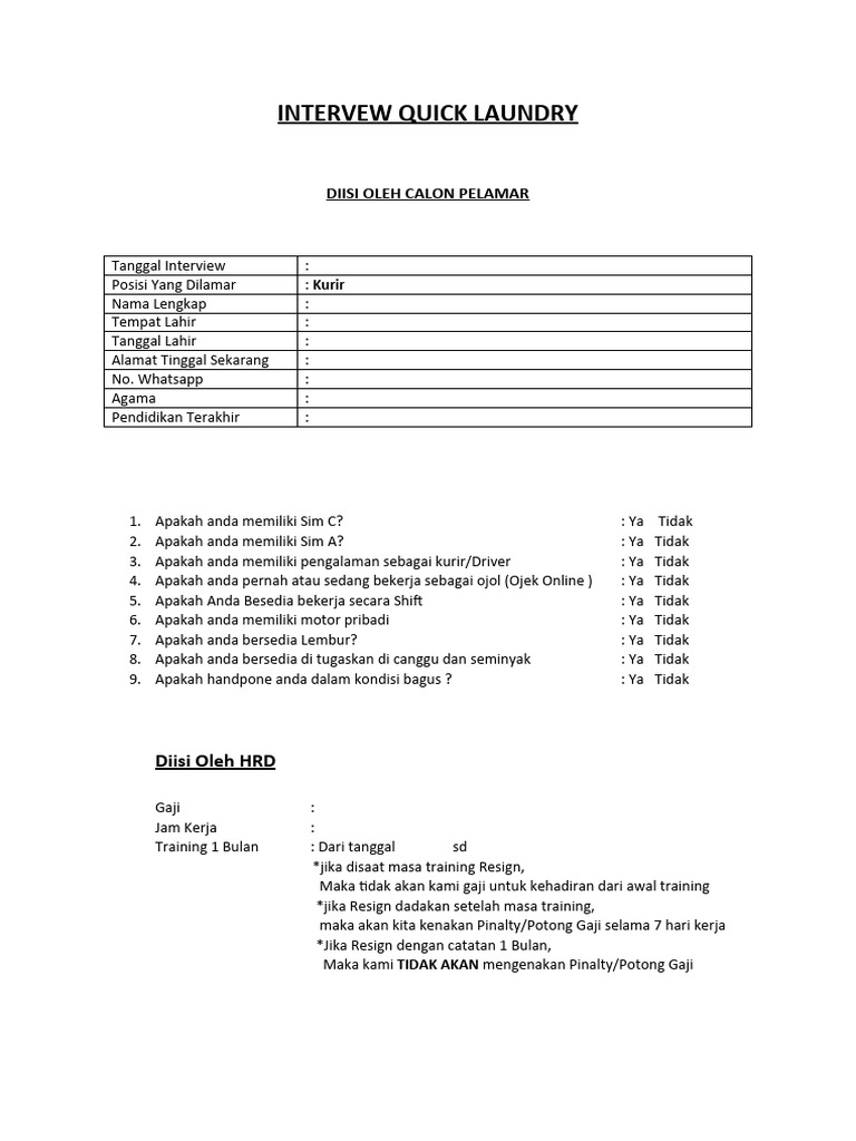 Formulir Interview Kurir Quick Laundry | PDF