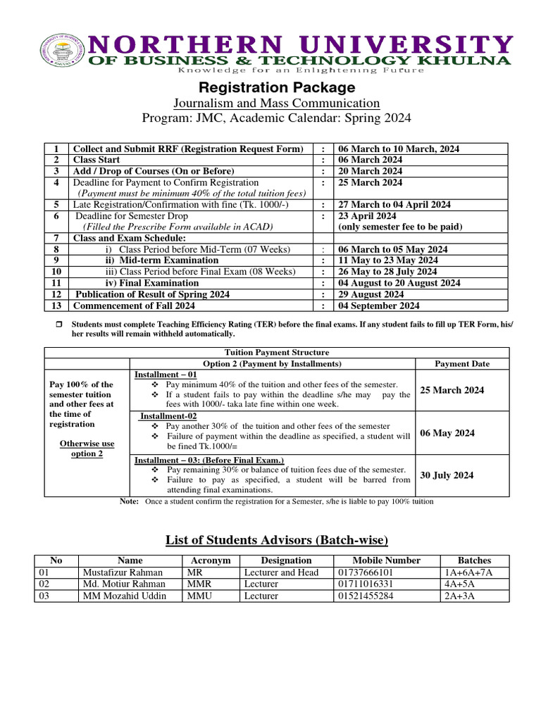 Academic Calendar and Registration Package and Course Offerings JMC